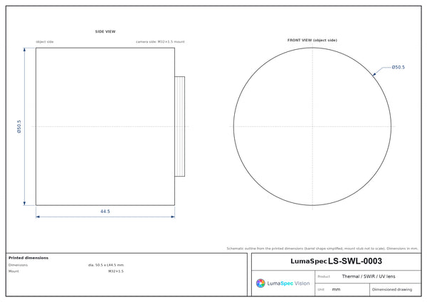 45 mm, F1.2 LWIR thermal lens, BFL 14.6 mm, dia. 50.5 x L44.5 mm