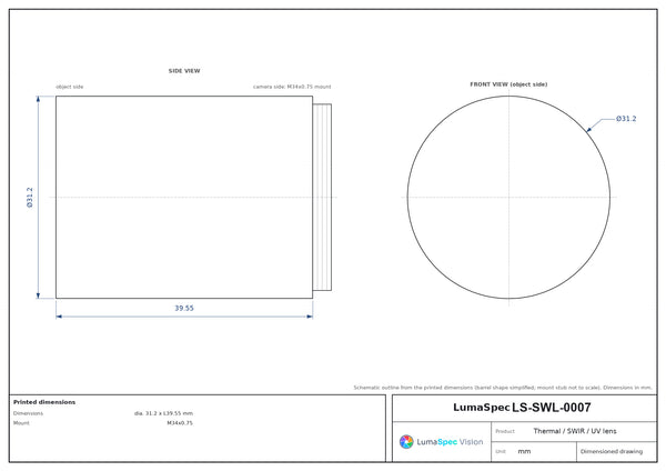 10 mm, F1 LWIR thermal lens, BFL 13.5 mm, dia. 31.2 x L39.55 mm