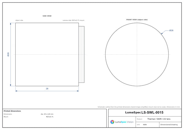 19 mm, F1 LWIR thermal lens, BFL 7.43 mm, dia. 28 x L28 mm