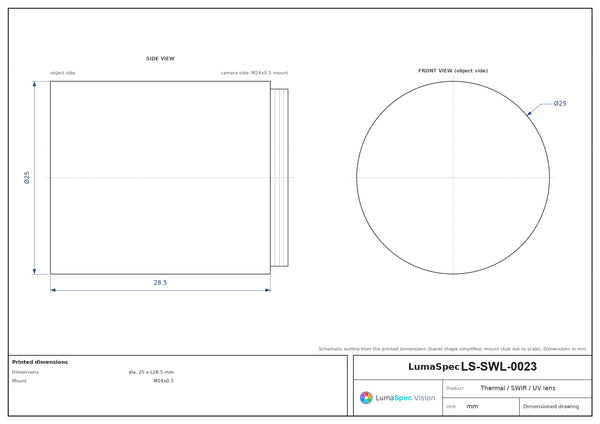 13 mm, F1 LWIR thermal lens, BFL 6.5 mm, dia. 25 x L28.5 mm