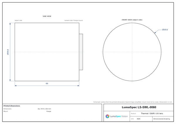 50 mm, F1, Flange-mount LWIR thermal lens, BFL 4.795 mm, dia. 59.8 x L66 mm