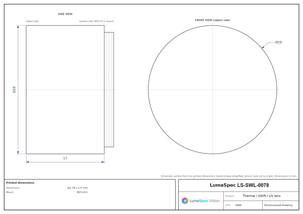 10 mm, F1 LWIR thermal lens, BFL 4.5 mm, dia. 28 x L17 mm