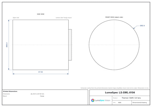 50 mm, F1, Flange-mount LWIR thermal lens, BFL 3.89 mm, dia. 60.4 x L67.02 mm