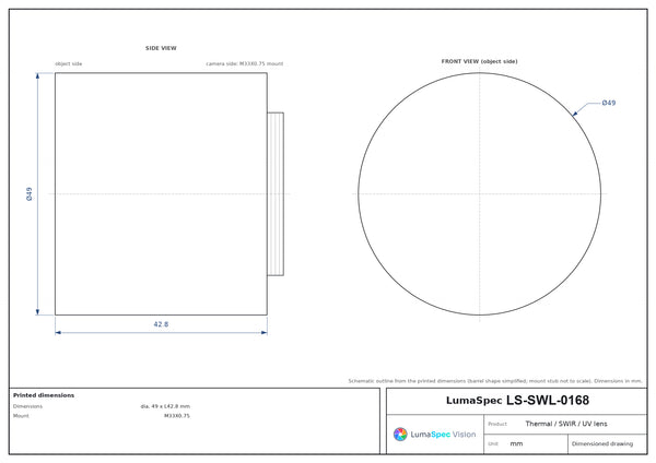 35 mm, F1 LWIR thermal lens, BFL 7.5 mm, dia. 49 x L42.8 mm