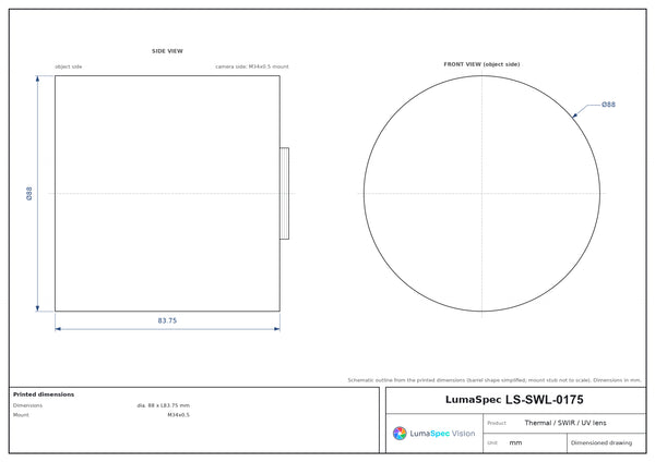 75 mm, F1 LWIR thermal lens, BFL 8 mm