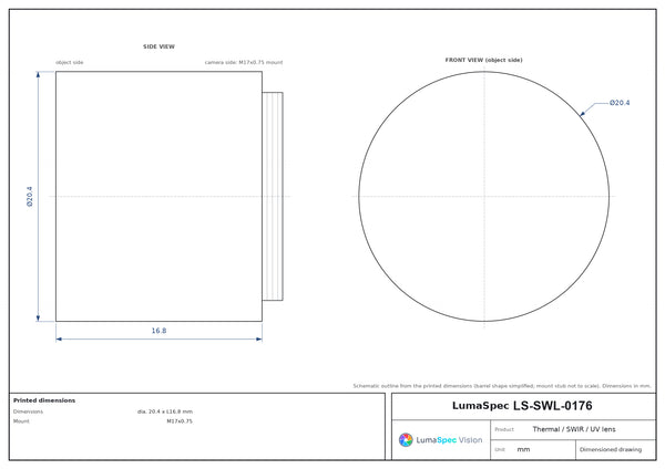 13 mm, F1 LWIR thermal lens, BFL 4.2 mm, dia. 20.4 x L16.8 mm