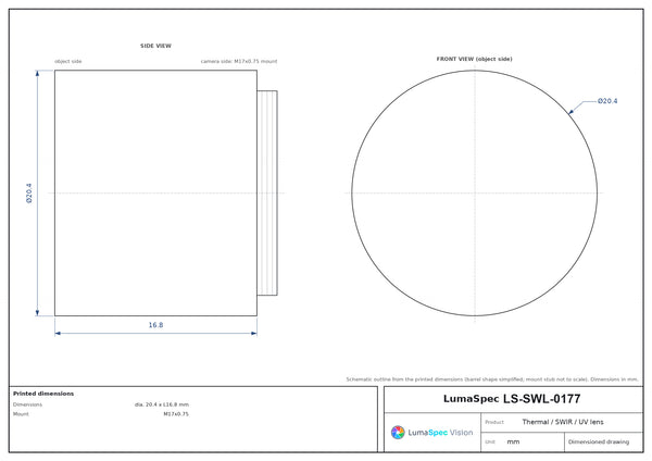 13 mm, F1 LWIR thermal lens, BFL 4.2 mm, dia. 20.4 x L16.8 mm