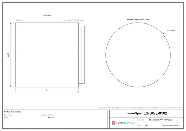 13 mm, F1 LWIR thermal lens, BFL 9.5 mm, dia. 38 x L37 mm