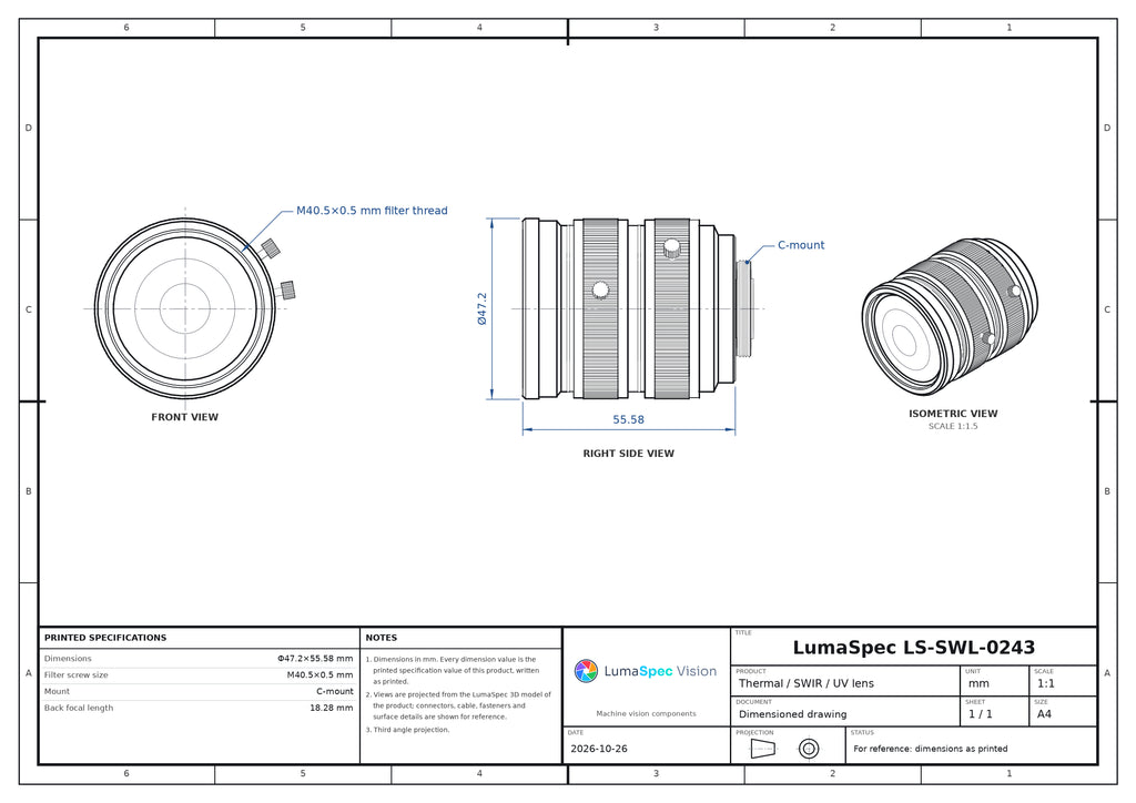 50 mm SWIR lens, 400-1200 nm, 1.1", C-mount