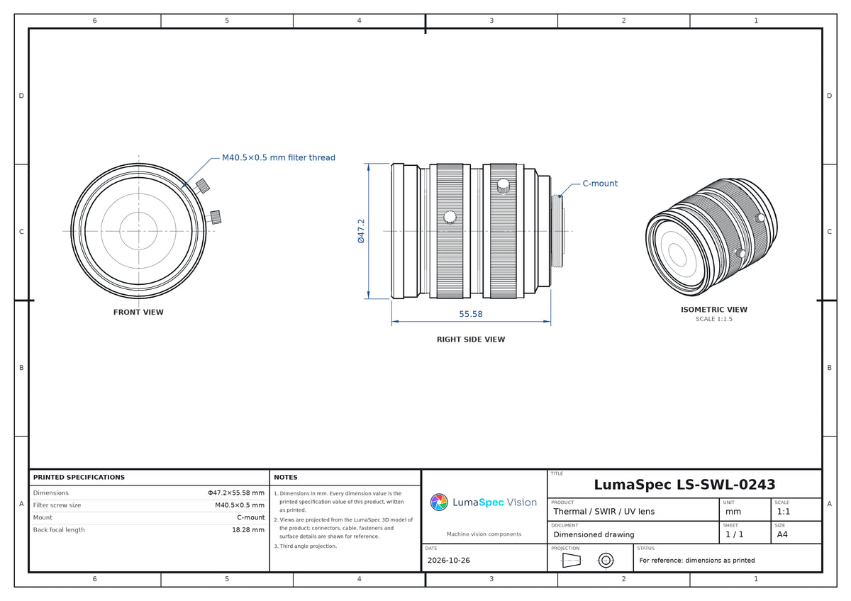 50 mm SWIR lens, 400-1200 nm, 1.1", C-mount (LS-SWL-0243)