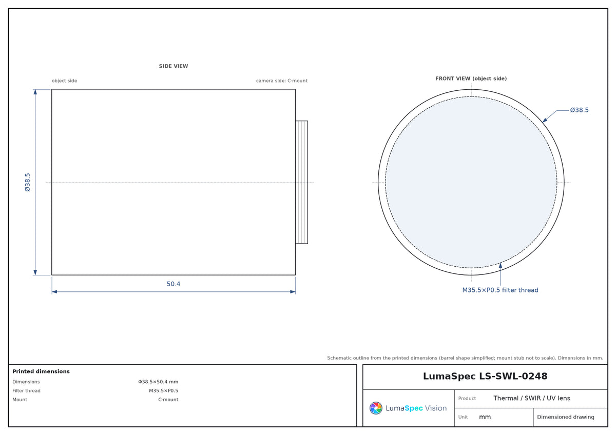 8.5 mm SWIR lens, 900-1700 nm, 2/3", F1.4, C-mount