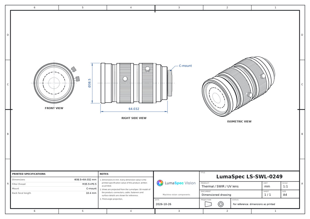 12.5 mm SWIR lens, 900-1700 nm, 2/3", F1.4, C-mount