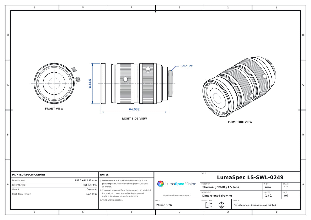 12.5 mm SWIR lens, 900-1700 nm, 2/3", F1.4, C-mount (LS-SWL-0249)