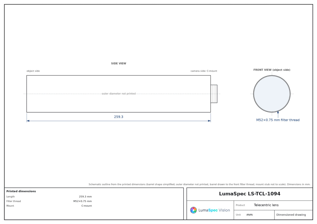 0.5x telecentric lens, WD 116.4 mm, 1.1", C-mount
