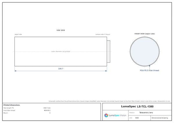 0.5x, WD 65 mm, 2/3", C-mount telecentric lens, 6.7 um object-side resolution