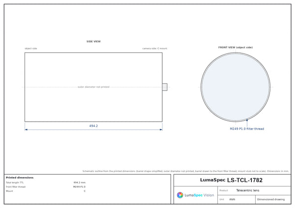 0.033x, WD 372 mm, 1/2.5", C-mount telecentric lens