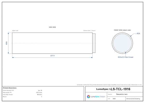 1x，工作距離 180 mm，1/2"，C-mount 遠心鏡頭，長度 107.9 mm