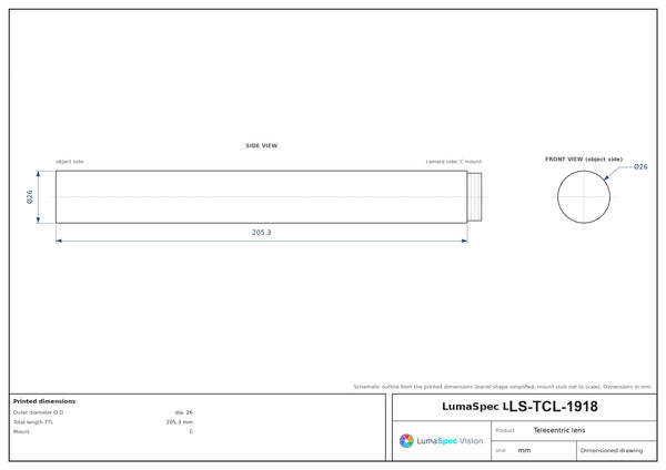 1x, WD 300 mm, 1/2", C-mount telecentric lens
