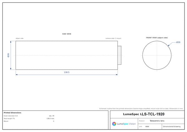 0.3x, WD 110 mm, 1/2", C-mount telecentric lens