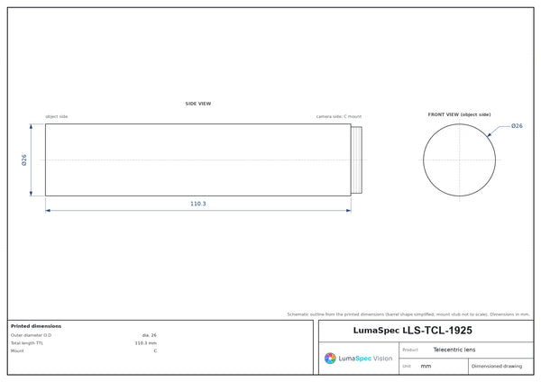 0.5x, WD 350 mm, 1/2", C-mount telecentric lens