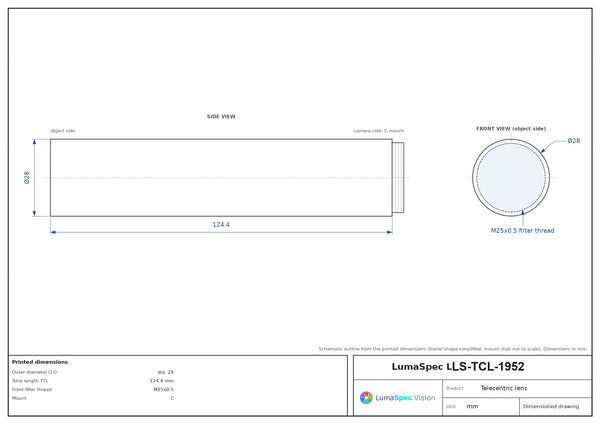 1.3x, WD 200 mm, 1/1.8", C-mount telecentric lens, length 124.4 mm