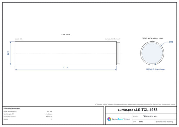 1.3x, WD 210 mm, 1/1.8", C-mount telecentric lens