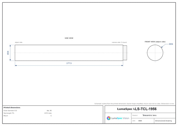 0.5x, WD 260 mm, 1/2.5", C-mount telecentric lens, length 177.5 mm