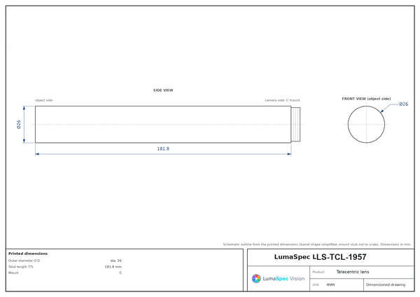 0.5x, WD 260 mm, 1/2.5", C-mount telecentric lens, length 181.8 mm