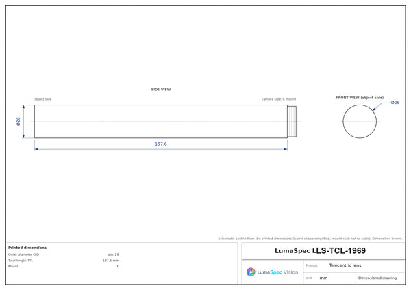 1x, WD 330 mm, 2/3", C-mount telecentric lens, length 197.6 mm