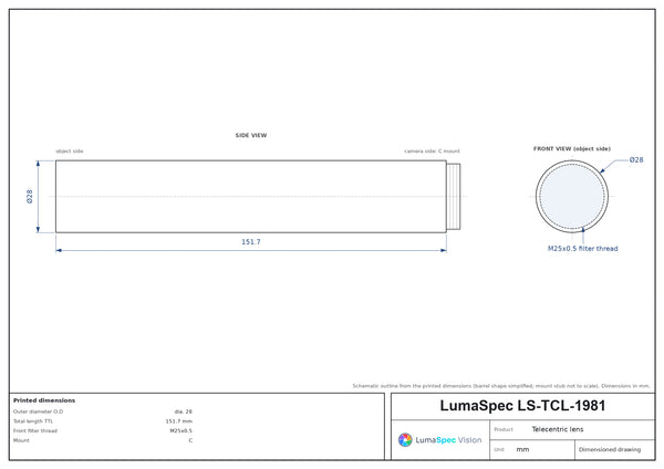 2x, WD 110 mm, 2/3", C-mount telecentric lens, length 151.7 mm, DOF 0.36 mm