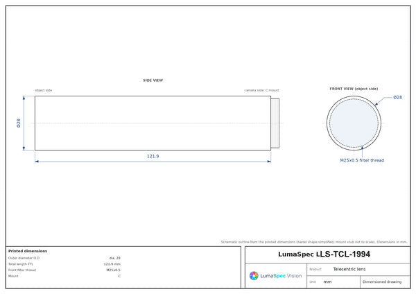 3x, WD 110 mm, 2/3", C-mount telecentric lens, length 121.9 mm