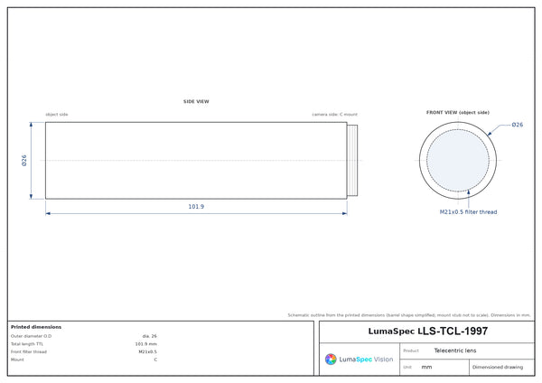 4x, WD 65 mm, 2/3", C-mount telecentric lens, length 101.9 mm