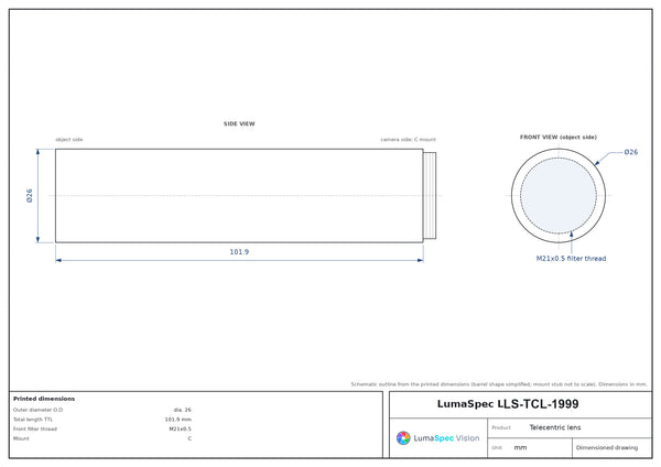 4x, WD 65 mm, 2/3", C-mount telecentric lens, length 101.9 mm, coaxial port