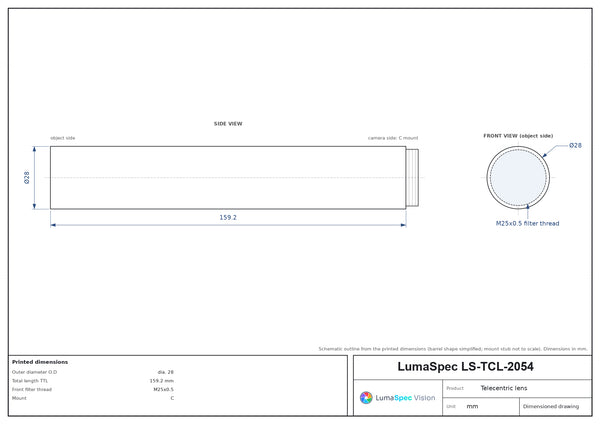 1.5x, WD 110 mm, 2/3", C-mount telecentric lens, length 159.2 mm