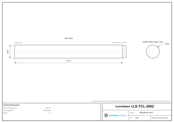 1.5x, WD 330 mm, 2/3", C-mount telecentric lens, length 213.8 mm