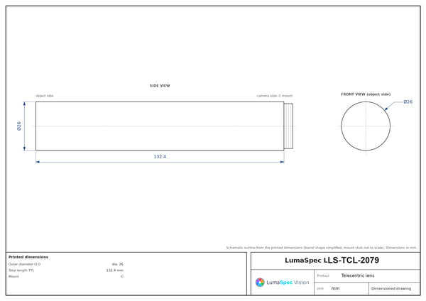 7.5x, WD 65 mm, 2/3", C-mount telecentric lens, length 132.4 mm