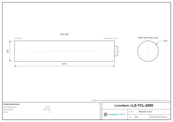 2x, WD 300 mm, 2/3", C-mount telecentric lens, length 265.3 mm