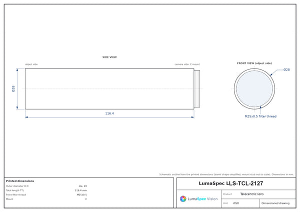 3x, WD 63 mm, 2/3", C-mount telecentric lens, length 116.4 mm