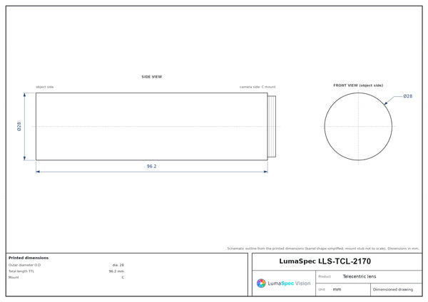 0.75x, WD 63 mm, 2/3", C-mount telecentric lens, coaxial port
