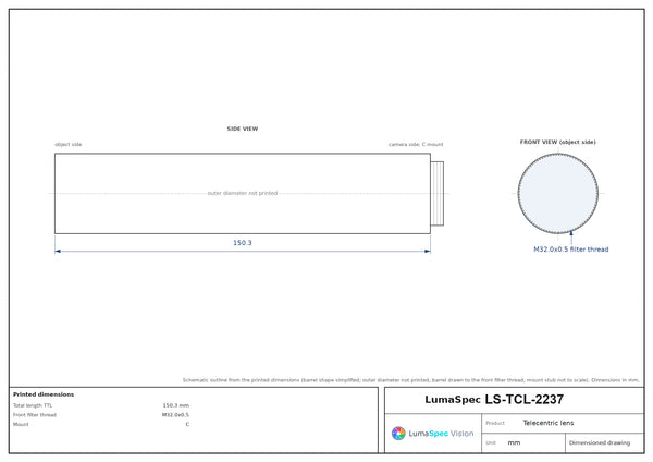 2.5x, WD 100 mm, 1.1", C-mount telecentric lens