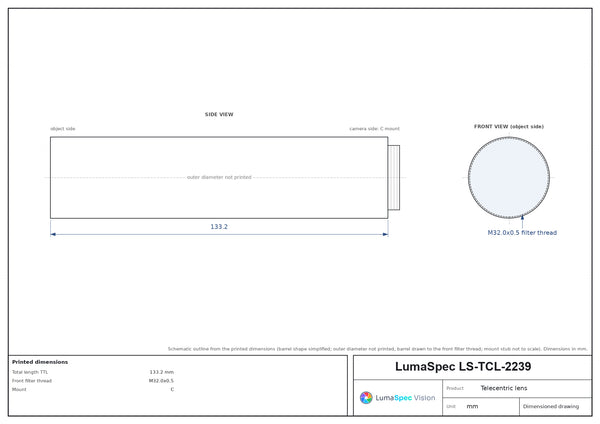 2x, WD 110 mm, 1.1", C-mount telecentric lens, 2.0x with coaxial light