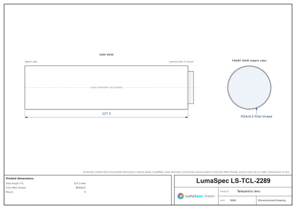 0.5x, WD 110 mm, 2/3", C-mount telecentric lens, length 127.3 mm with coaxial light