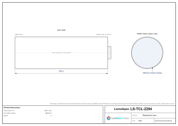0.22x, WD 220 mm, 2/3", C-mount telecentric lens, length 190.1 mm, 21.0 um object-side resolution