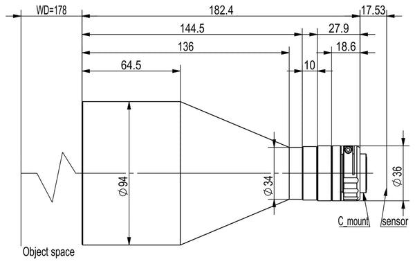 Bi-telecentric lens for 1/1.8" cameras, B variant, 0.125x, WD 178 mm, C-mount