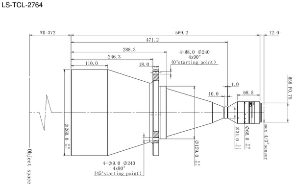 Bi-telecentric lens, 0.111x, WD 372 mm, 4/3", M58 or other-mount