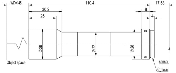 Megapixel telecentric lens, 0.7x, WD 145 mm, 2/3", C-mount, 110.4 mm long, FOV 15.7 mm, no iris