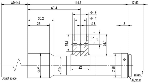 Megapixel telecentric lens, 0.7x, WD 145 mm, 2/3", C-mount, 114.7 mm long, FOV 15.7 mm, no iris