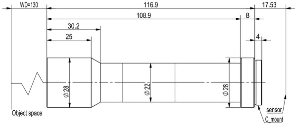 Megapixel telecentric lens, 0.8x, WD 130 mm, 2/3", C-mount, 116.9 mm long