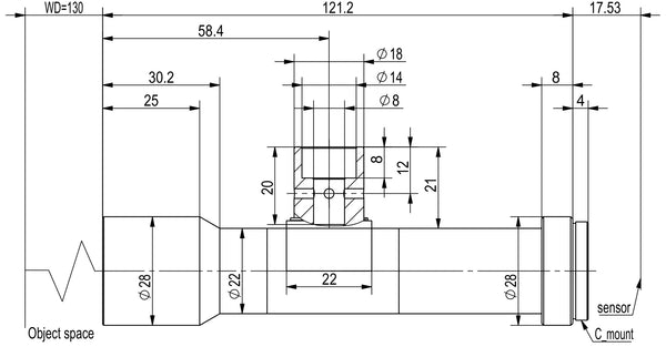 Megapixel telecentric lens, 0.8x, WD 130 mm, 2/3", C-mount, 121.2 mm long