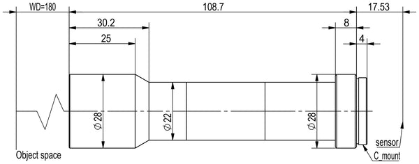 Megapixel telecentric lens, 1x, WD 180 mm, 1/2", C-mount